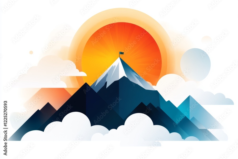 Poster A flat design of a mountain peak with a small flag at the top, surrounded by abstract clouds and a soft blue gradient