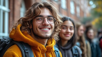 Fototapeta premium Group of a Young Adults' Smiling Friends in Outdoor School Campus Setting