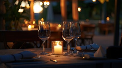 Outdoor dining setting with wooden tables and chairs,