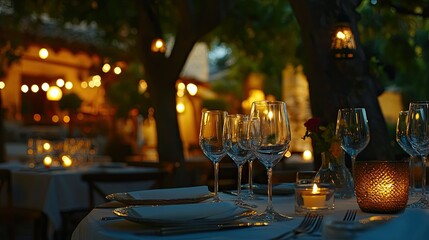 Outdoor dining setting with wooden tables and chairs,