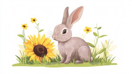 Obraz premium Charming Rabbit with Sunflower Illustration in Wide Angle Centered View for Creative Designs