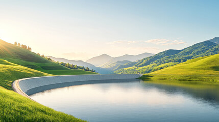 Obraz premium serene landscape of hydroelectric dam at sunrise, surrounded by lush green hills and calm water reflecting sky
