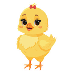 Cute smiling chick with red bow on white isolated background. Vector chick character. Easter chicken. Baby chick mascot