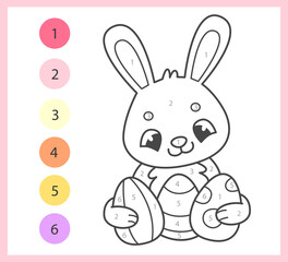 Color by numbers coloring book for kids with cute pink rabbit with Easter eggs. Coloring page with cartoon bunny.