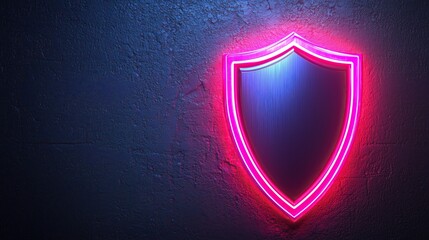 glowing neon shield emblem on textured wall symbolizing protection and security