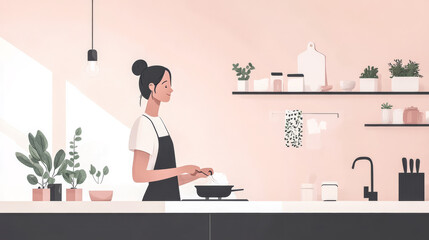 Fototapeta premium Woman cooking in a modern kitchen with plants and simple decor