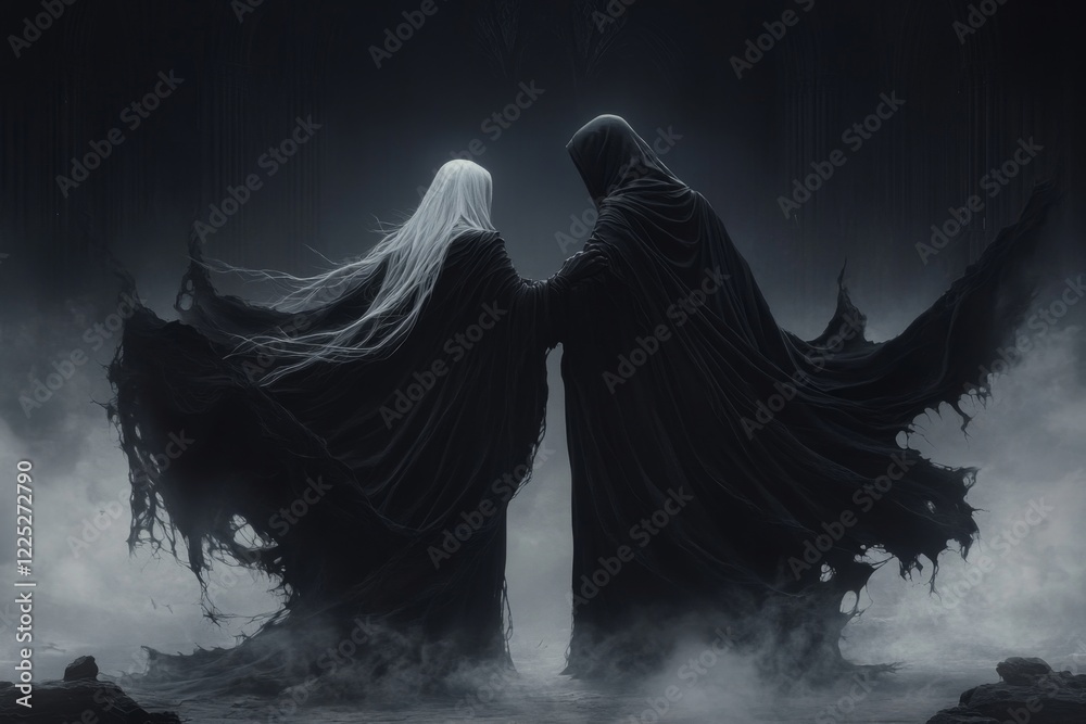 Poster A gothic depiction of two shadowy figures clasping hands in a dark cathedral, their association symbolized by faint glowing threads connecting them amidst the dim setting