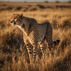 Naklejka premium Full-Body Cheetah Standing in Golden Grass. Cheetah in serengeti national park city. 