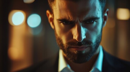 Portrait focused business man raising head to camera in blurred interior. Closeup serious man face looking down indoors. Attractive top manager thinking in dark background.