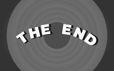 The END title on Grey Round Background. Old movie Ending screen.