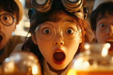 A group of students in a science lab observing an experiment gone wrong, their faces reflecting the unexpected consequence