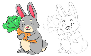 Trace and color coloring book with rabbit with carrot for kids. Coloring page with cartoon bunny.