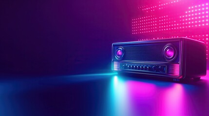 Retro radio bathed in vibrant neon light nostalgic scene of vintage technology and modern aesthetics