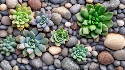 A grid displays white pots filled with various gravel and succulent seeds against a solid background, emphasizing detail in macro style