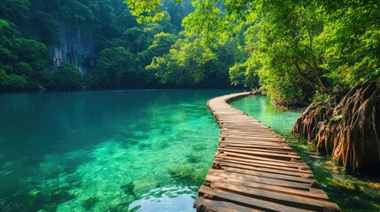 A wooden walkway winds through a lush, green forest beside a tranquil, turquoise lake.