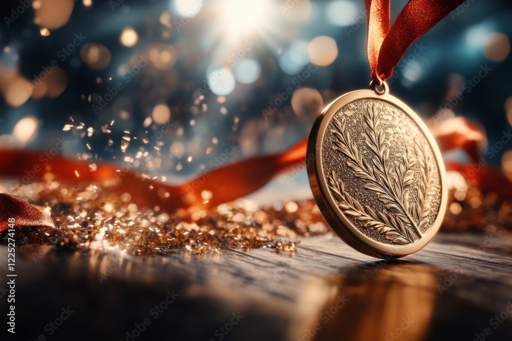 Poster a hyper-realistic close-up of a gold medal resting on a wooden table, its fine engravings catching t