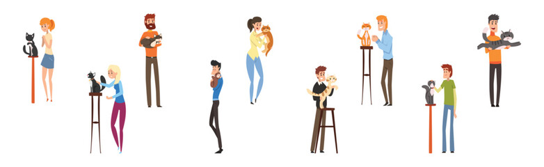 Pet Owner Man and Woman Character with Their Animal Vector Set
