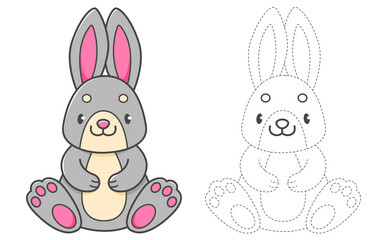 Trace and color coloring book with grey rabbit for kids. Coloring page with cartoon bunny.