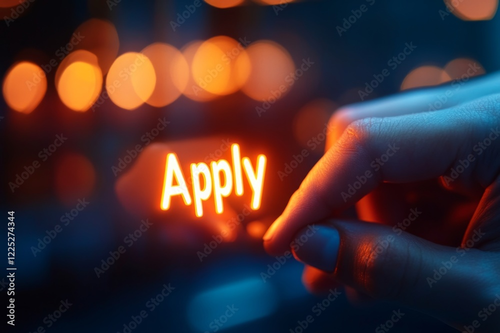 Poster A hyper-realistic close-up of a person hand pressing a glowing 