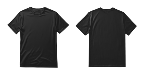 Mockup of t-shirt designs, male black tshirt template, front and back view, mock-up isolated on transparent background, png