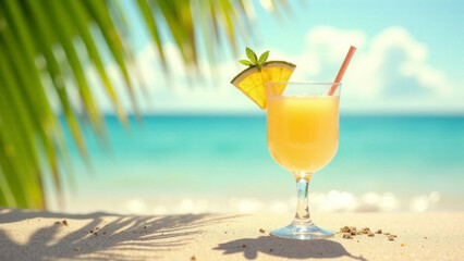 Fresh fruity cocktail on sand beach