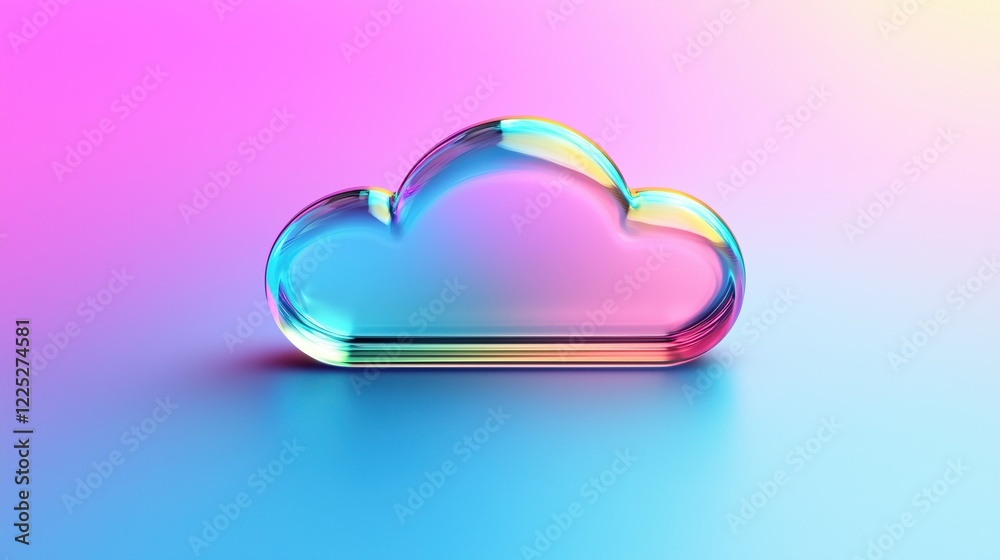 Poster vibrant iridescent glass cloud icon against colorful background symbol of data storage and digital c