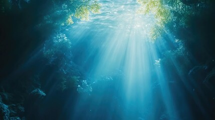 Underwater scene featuring vibrant coral reefs and marine flora in shades of green and blue.