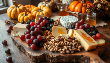 A rustic cheese platter featuring a variety of cheeses, grapes, nuts, honey, and wooden decor set among vibrant autumn pumpkins and ambiance.


