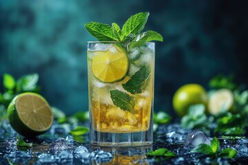 Fototapeta premium A cool cocktail featuring fresh lime slices and mint leaves is placed on a bed of ice. The vibrant backdrop enhances the drink's refreshing appearance, inviting enjoyment