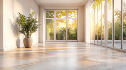 Sunlit empty room with large windows showcasing a beautiful garden view