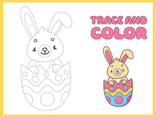 Trace and color coloring book with rabbit in the Easter egg for kids. Coloring page with cartoon bunny.