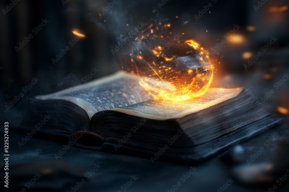 Aufkleber A magical scene of a glowing book in a mystical library, with floating text and images emanating from the pages, creating an aura of easily understandable knowledge