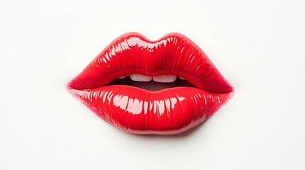 Glossy red lips close-up for design and beauty projects, rich, vivid red tone and smooth texture