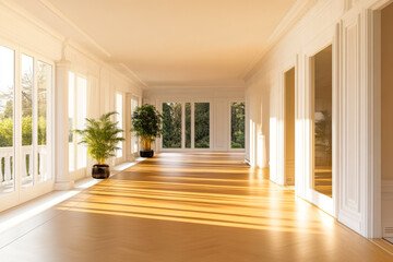 Obraz premium Bright and airy indoor space with large windows and wooden flooring in a modern setting