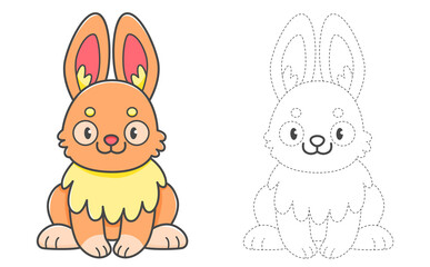 Trace and color coloring book with ginger rabbit for kids. Coloring page with cartoon bunny.