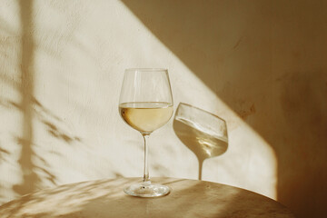 Elegant glass of white wine on a marble table with soft shadows and warm light in a cozy setting