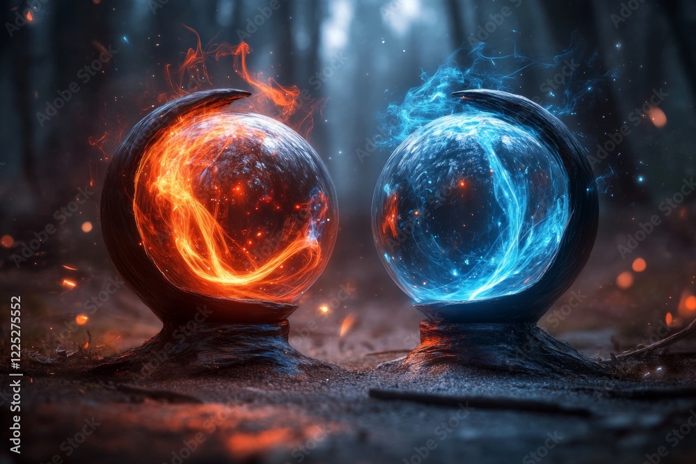 Poster A magical scene of two orbs, one glowing with warm orange light and the other with cool blue, orbiting each other in a mystical forest to symbolize complementary energy
