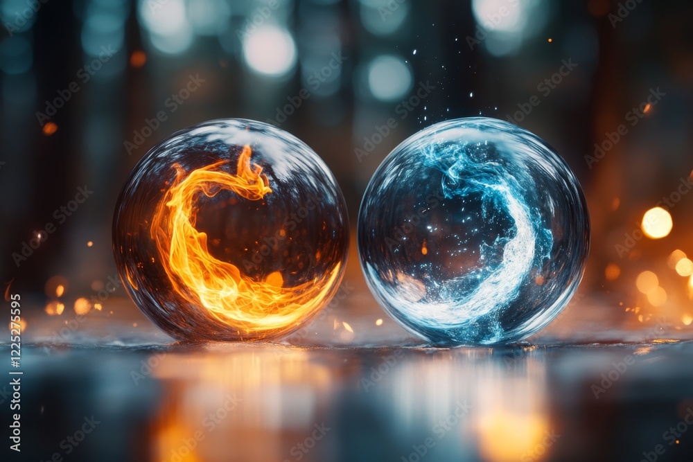 Poster a magical scene of two orbs, one glowing with warm orange light and the other with cool blue, orbiti