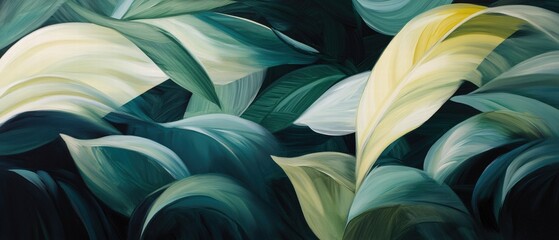 Leaves, abstract art in green and cream hues creating a vibrant nature-inspired design. Perfect for wall decor, nature themes, or botanical illustrations.