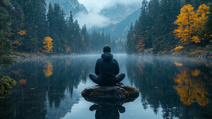 A peaceful man meditating on a rock in the serene lake surrounded by autumn foliage and misty mountains