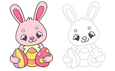 Trace and color coloring book with pink rabbit with Easter eggs for kids. Coloring page with cartoon bunny.