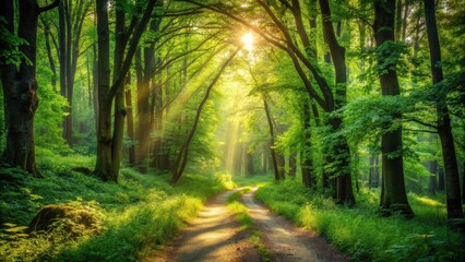 Obraz premium Sunlit Path Through a Lush, Verdant Forest with Rays of Light Streaming Through the Canopy