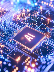 AI Chip: A glowing "AI" chip rests on a complex, futuristic circuit board, the center of a technologically advanced system.  The image represents the power and promise of artificial intelligence. 