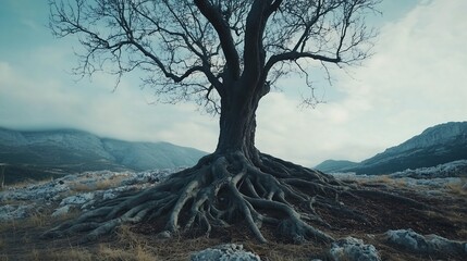 A majestic, bare tree with intricate roots spreads across rocky terrain under a cloudy sky.