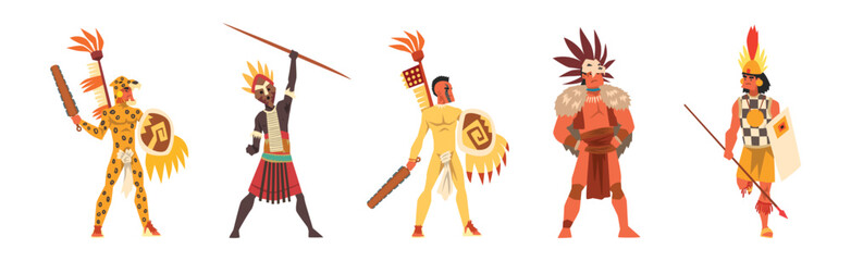 Man Native and Aboriginal Warrior with Weapon Vector Set