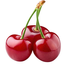 Three ripe red cherries with vibrant green stems on a white isolated background.