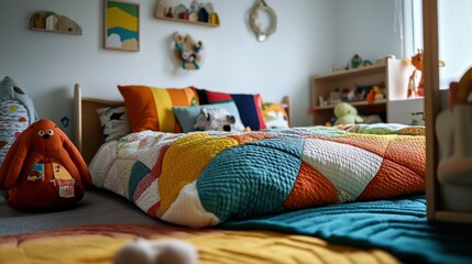 A cheerful childrens bedroom with colorful bedding and playful decor.
