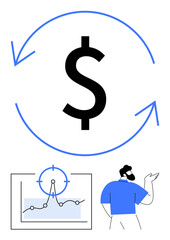 Fototapeta premium Dollar sign with circular arrows symbolizing economic flow and growth concepts, paired with a figure analyzing line graph data. Ideal for business, finance, economy, investment, growth, strategy