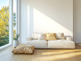 Modern living room with minimalist sofa and large windows overlooking autumn scenery
