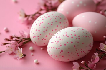 Obraz premium Easter eggs with pink sakura flowers on pink background